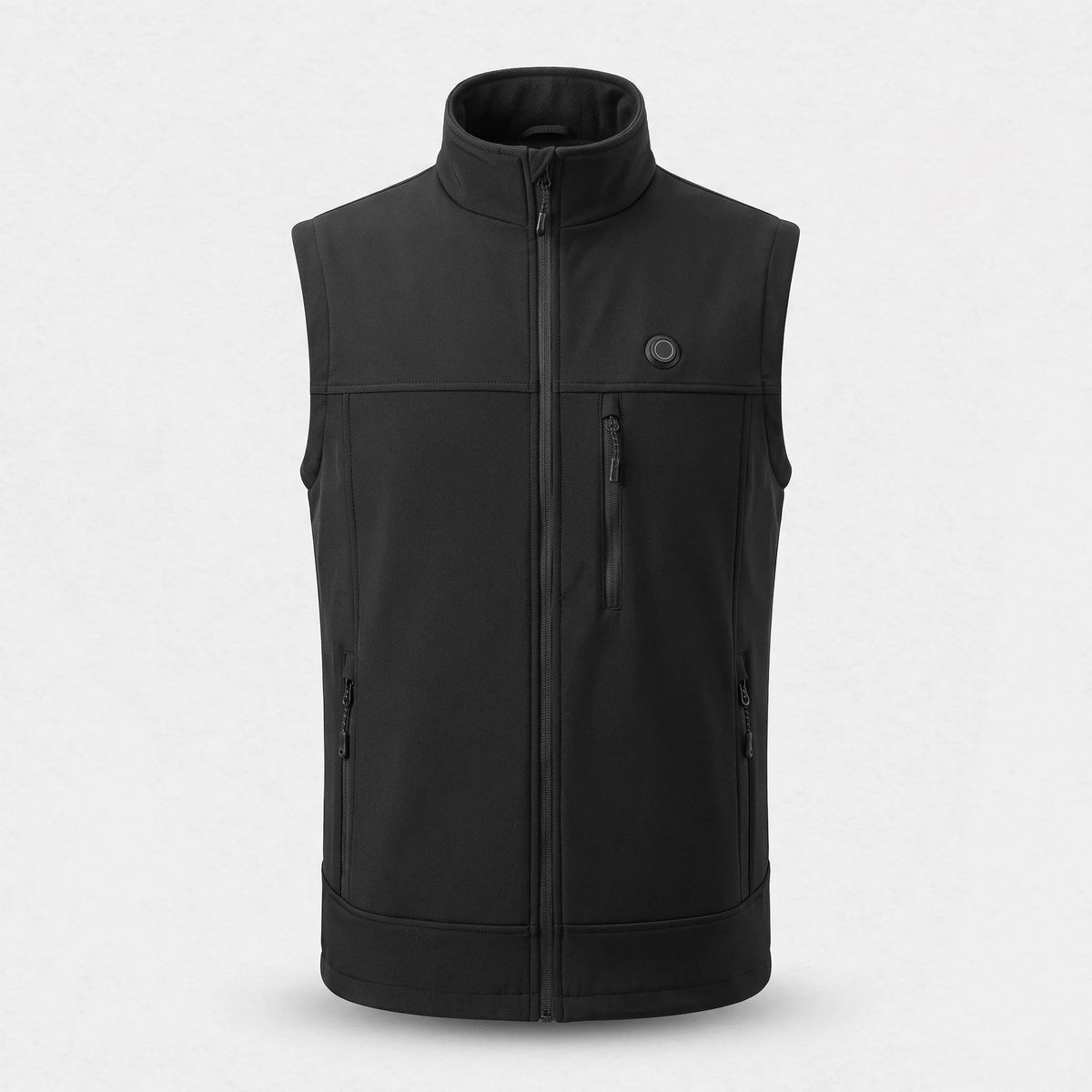 Gilet softshell chauffant noir vu de face : col montant, poche de poitrine, bouton de chauffe