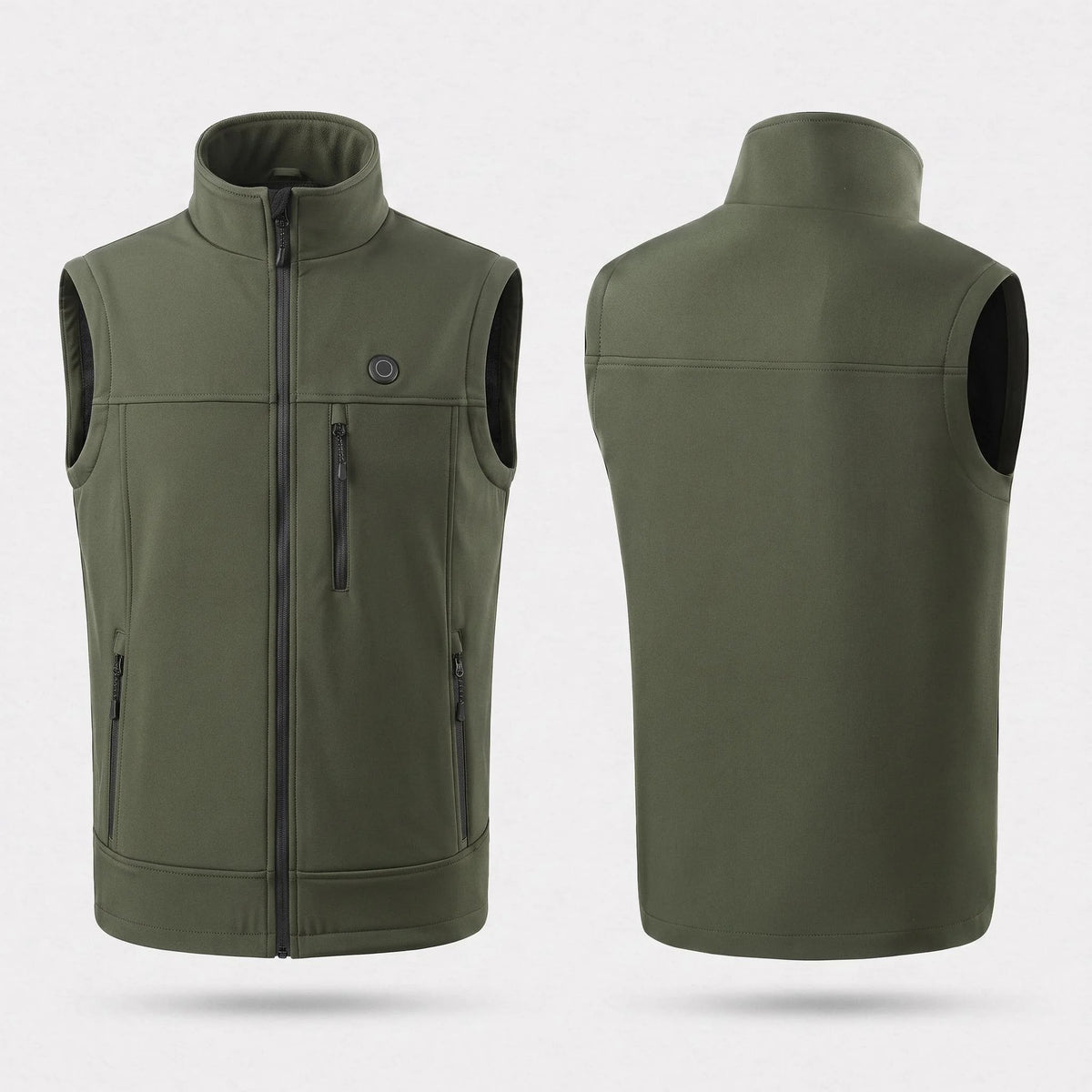 Gilet softshell chauffant vert olive vu de face et de dos