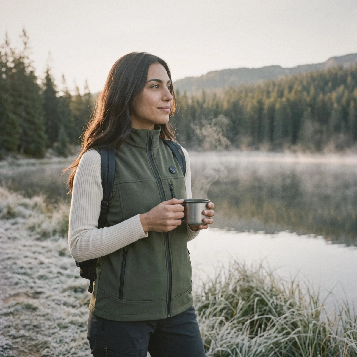 Femme en gilet chauffant vert olive, une tasse fumante à la main, au bord d'un lac au lever du soleil