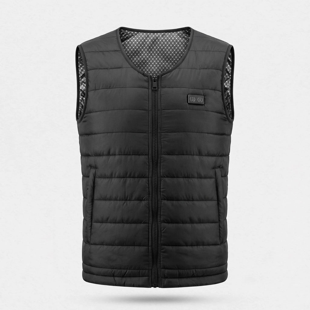 Gilet chauffant léger matelassé noir vu de face : col en V, poches zippées, commande à 2 boutons