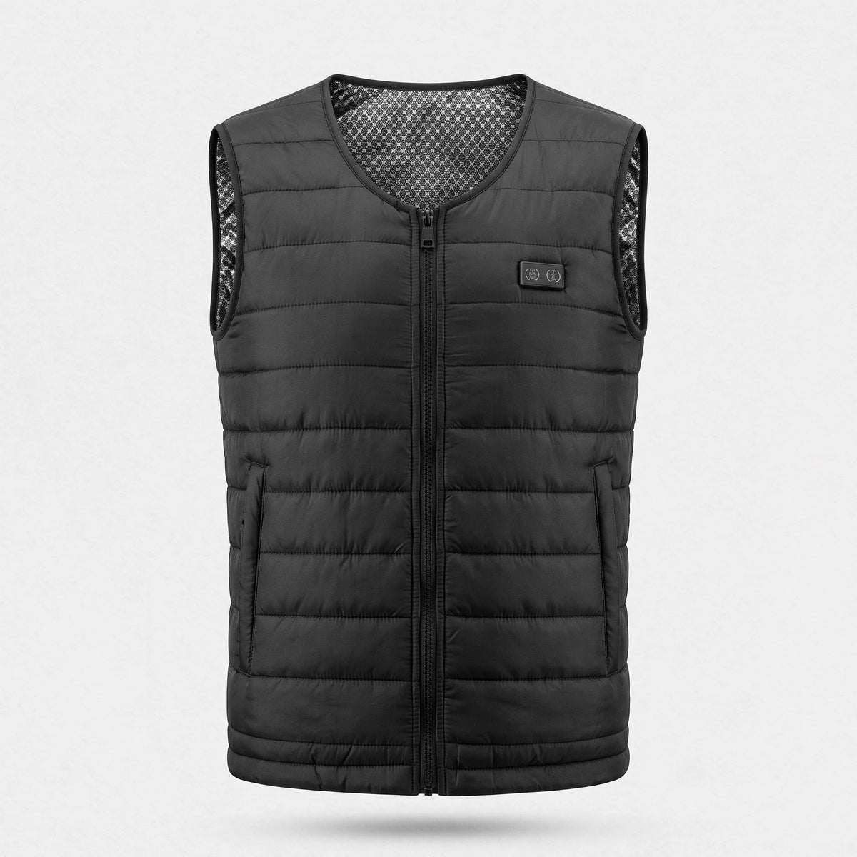 Gilet chauffant léger matelassé noir vu de face : col en V, poches zippées, commande à 2 boutons
