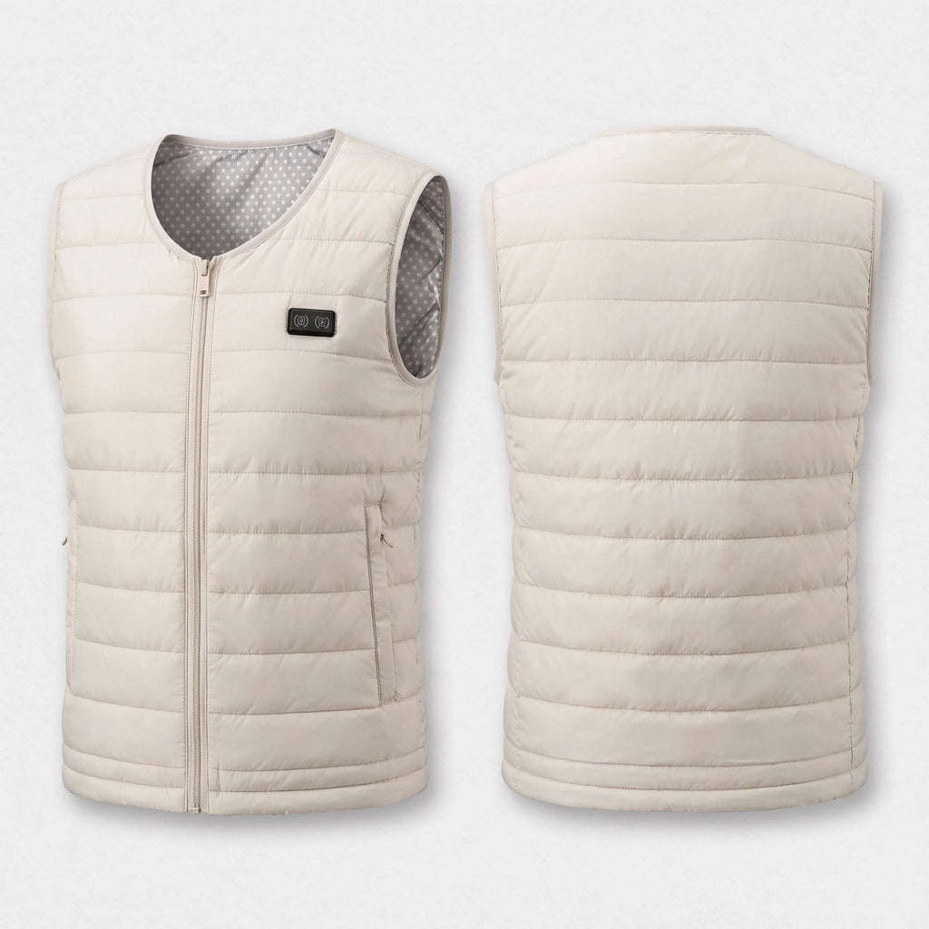Gilet chauffant léger beige clair vu de face et de dos