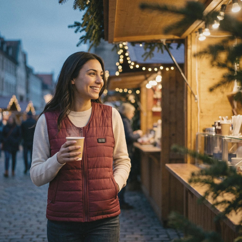 Femme en gilet chauffant léger rouge bordeaux, un gobelet à la main, sur un marché de Noël au crépuscule