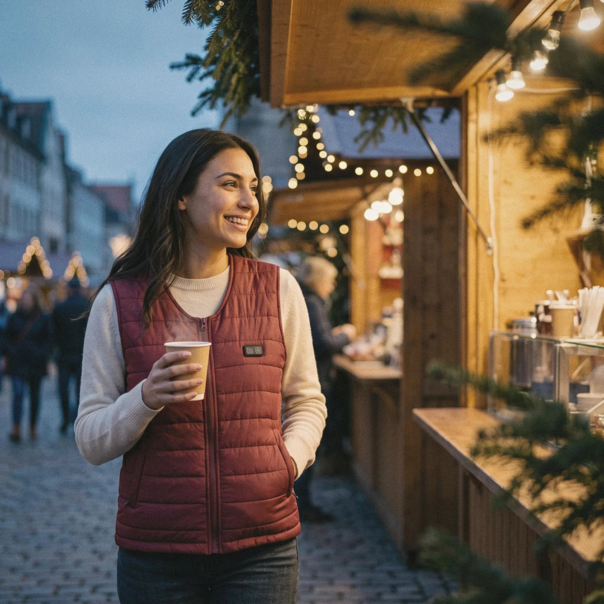 Femme en gilet chauffant léger rouge bordeaux, un gobelet à la main, sur un marché de Noël au crépuscule