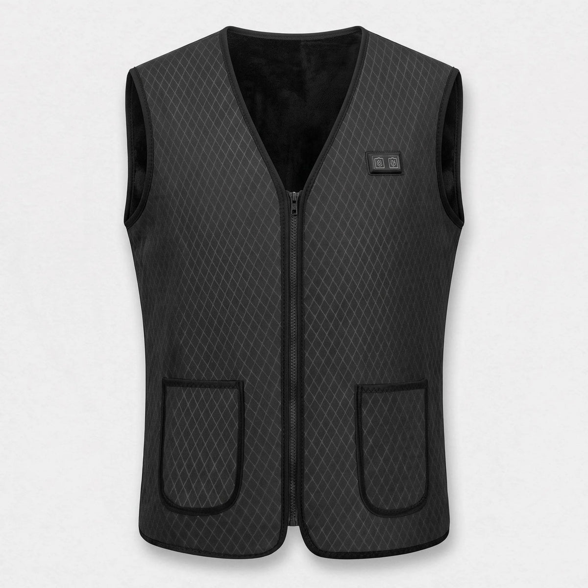Gilet chauffant fin noir vu de face : motif losange, col en V, poches plaquées