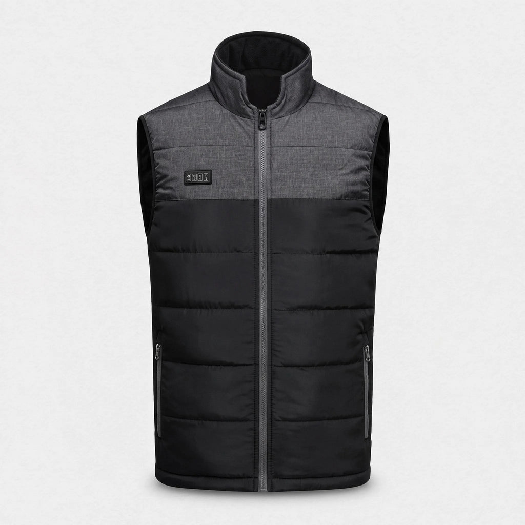 Gilet chauffant matelassé gris anthracite et noir vu de face : col montant doublé polaire, boîtier à 4 boutons