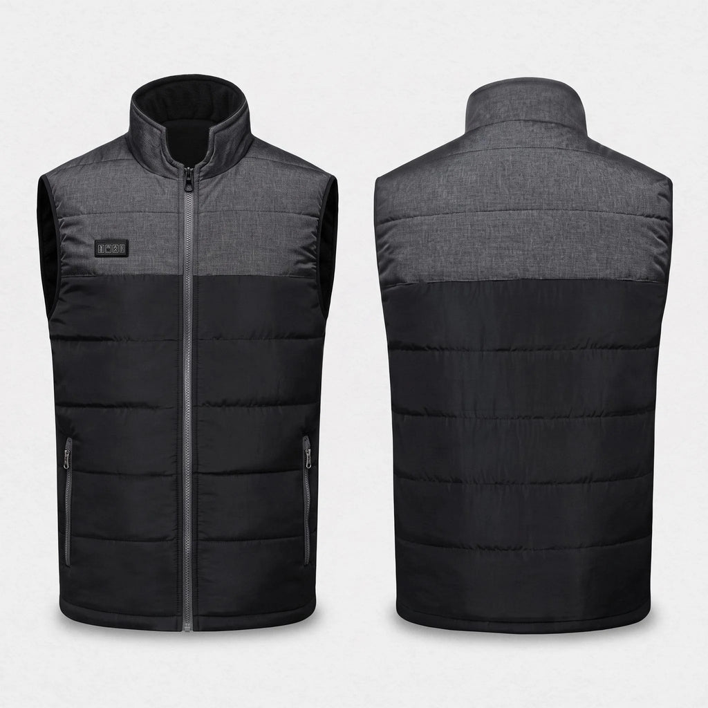 Gilet chauffant matelassé gris anthracite et noir vu de face et de dos