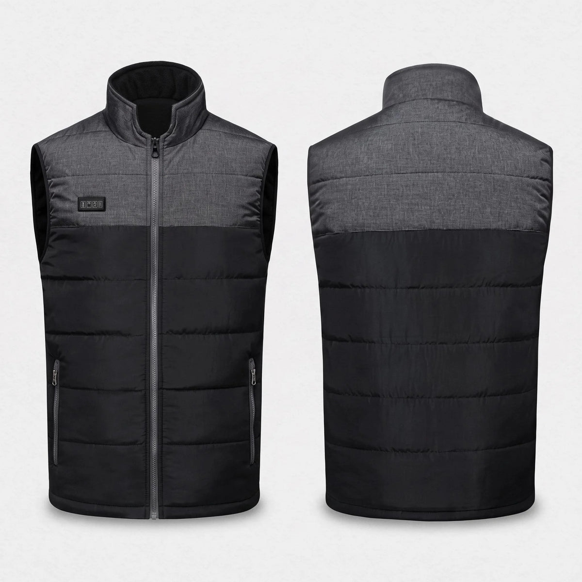 Gilet chauffant matelassé gris anthracite et noir vu de face et de dos