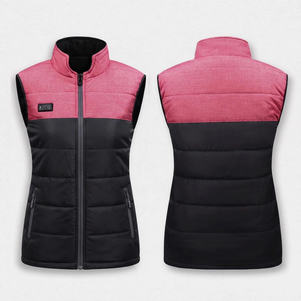 Gilet chauffant matelassé rose et noir vu de face et de dos