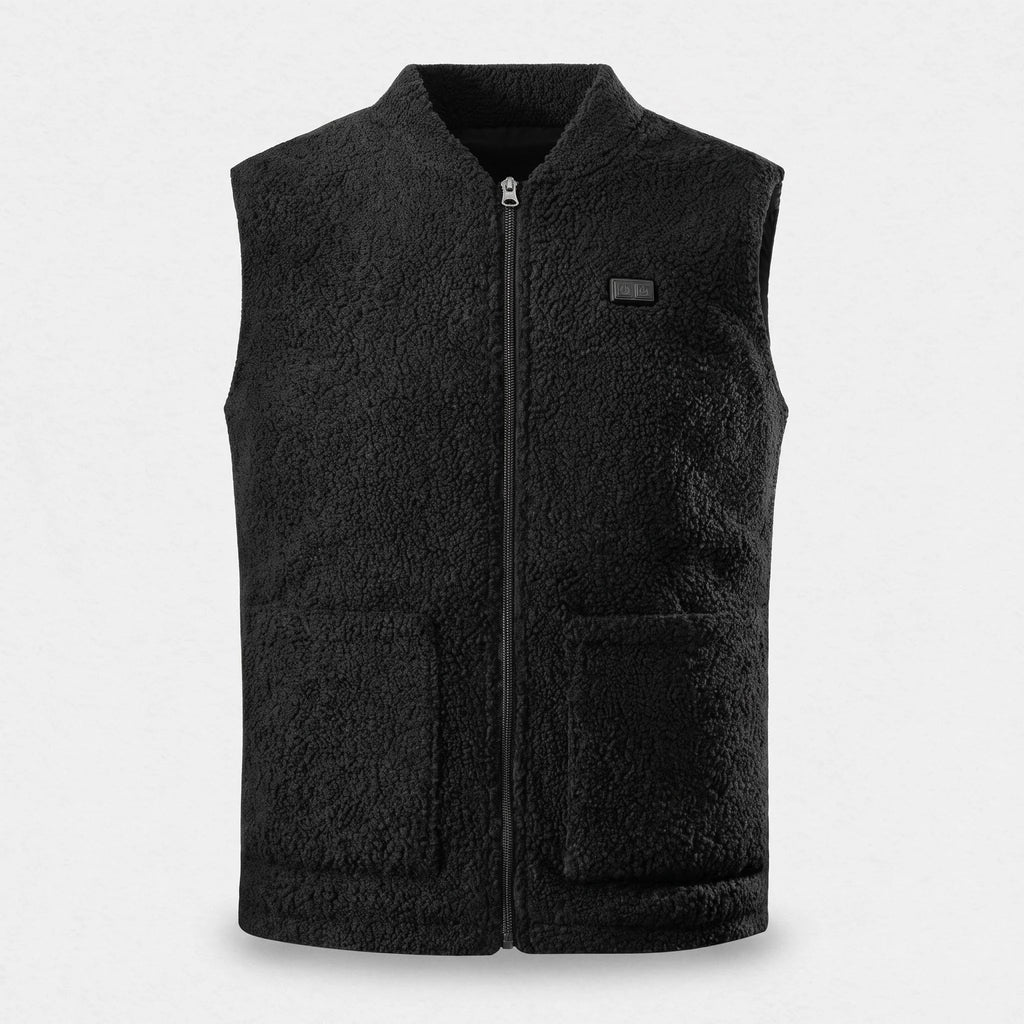 Gilet chauffant en polaire sherpa noir vu de face : col court, poches plaquées, boîtier à 2 boutons