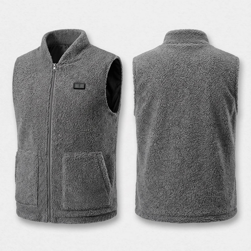 Gilet chauffant en polaire sherpa gris chiné vu de face et de dos
