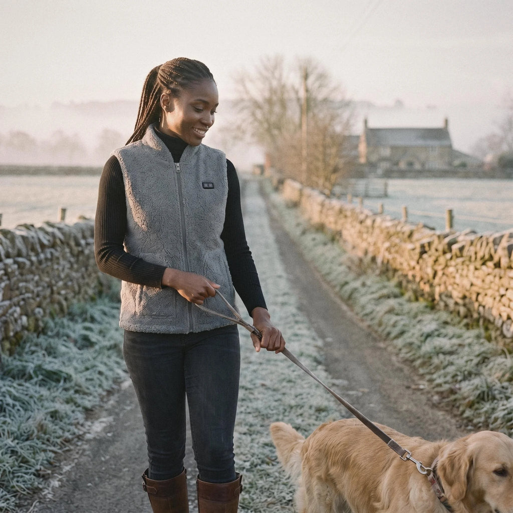 Femme en gilet chauffant sherpa gris chiné promenant son chien sur un chemin givré à l'aube