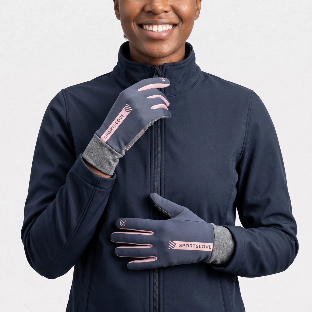 Gants chauffants USB fins gris et rose portés par une femme souriante qui remonte la fermeture de sa veste