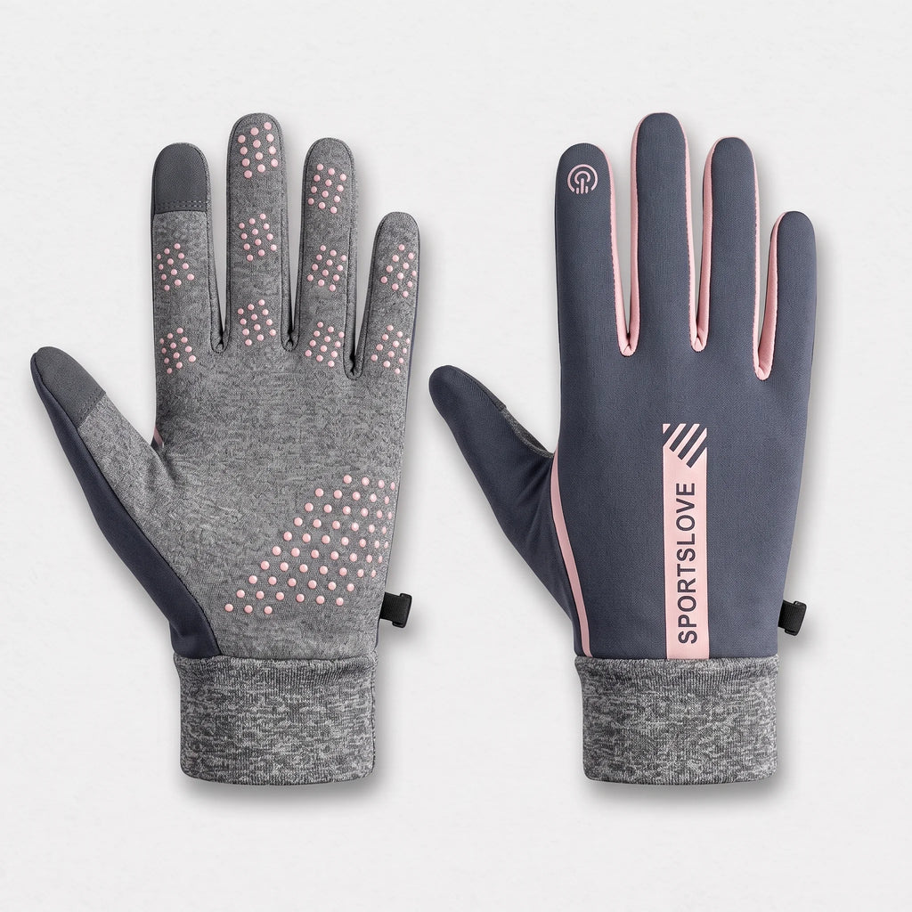 Gants chauffants fins gris et rose : paume à picots roses à gauche, dos bleu ardoise à droite