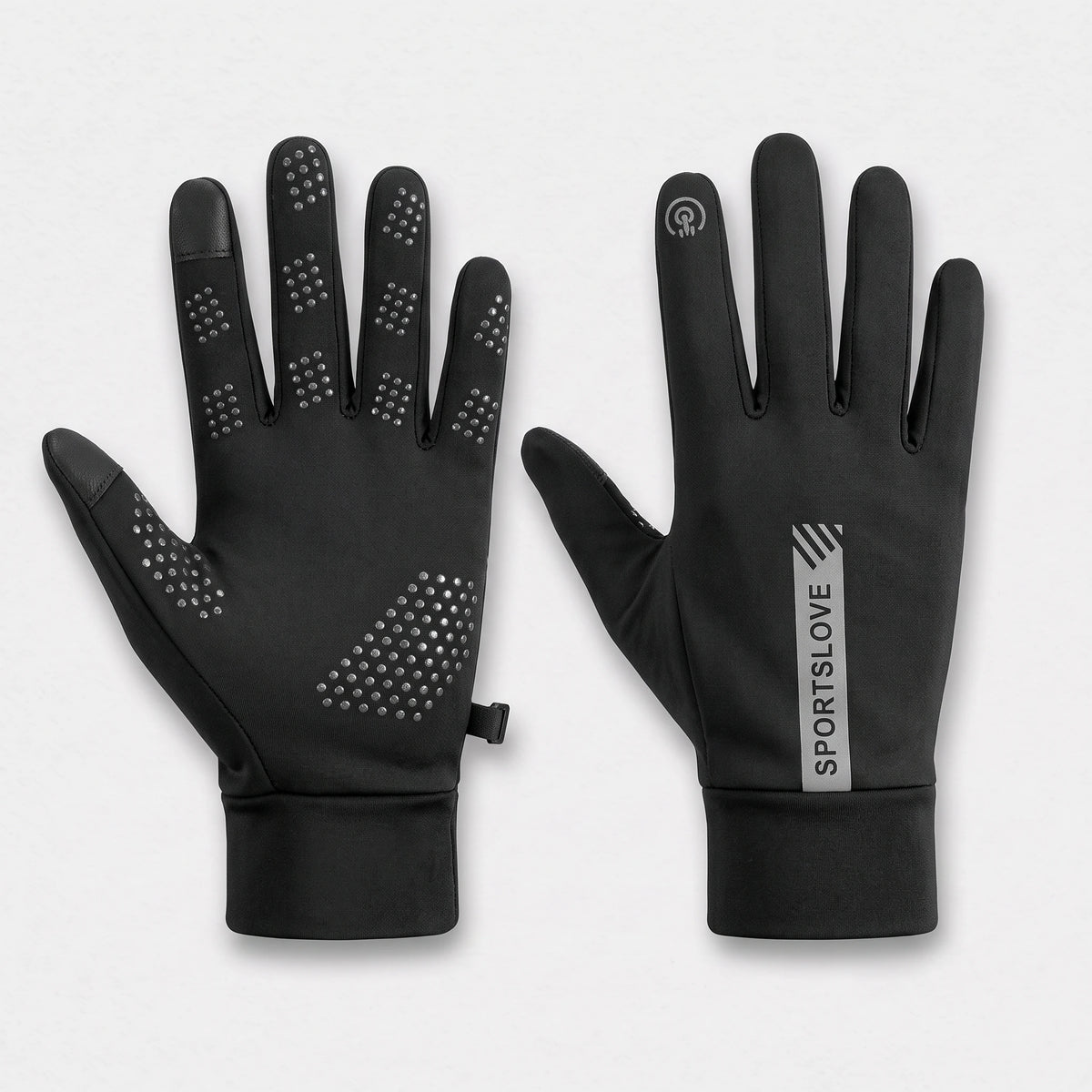 Gants chauffants fins noirs : paume à picots antidérapants à gauche, dos avec bande imprimée à droite