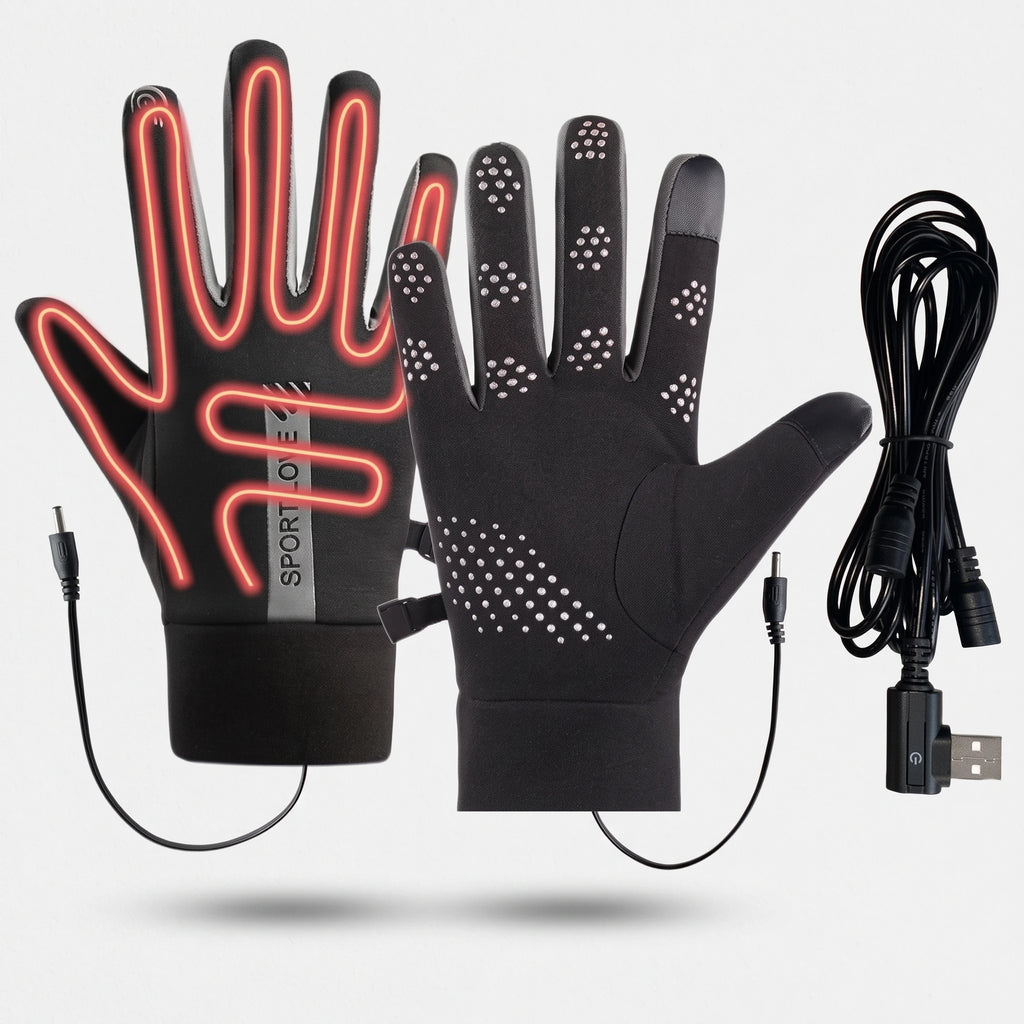 Zones chauffantes du gant : les cinq doigts et le dos de la main, avec le câble USB à 3 niveaux