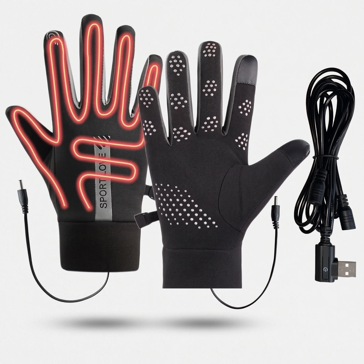 Zones chauffantes du gant : les cinq doigts et le dos de la main, avec le câble USB à 3 niveaux