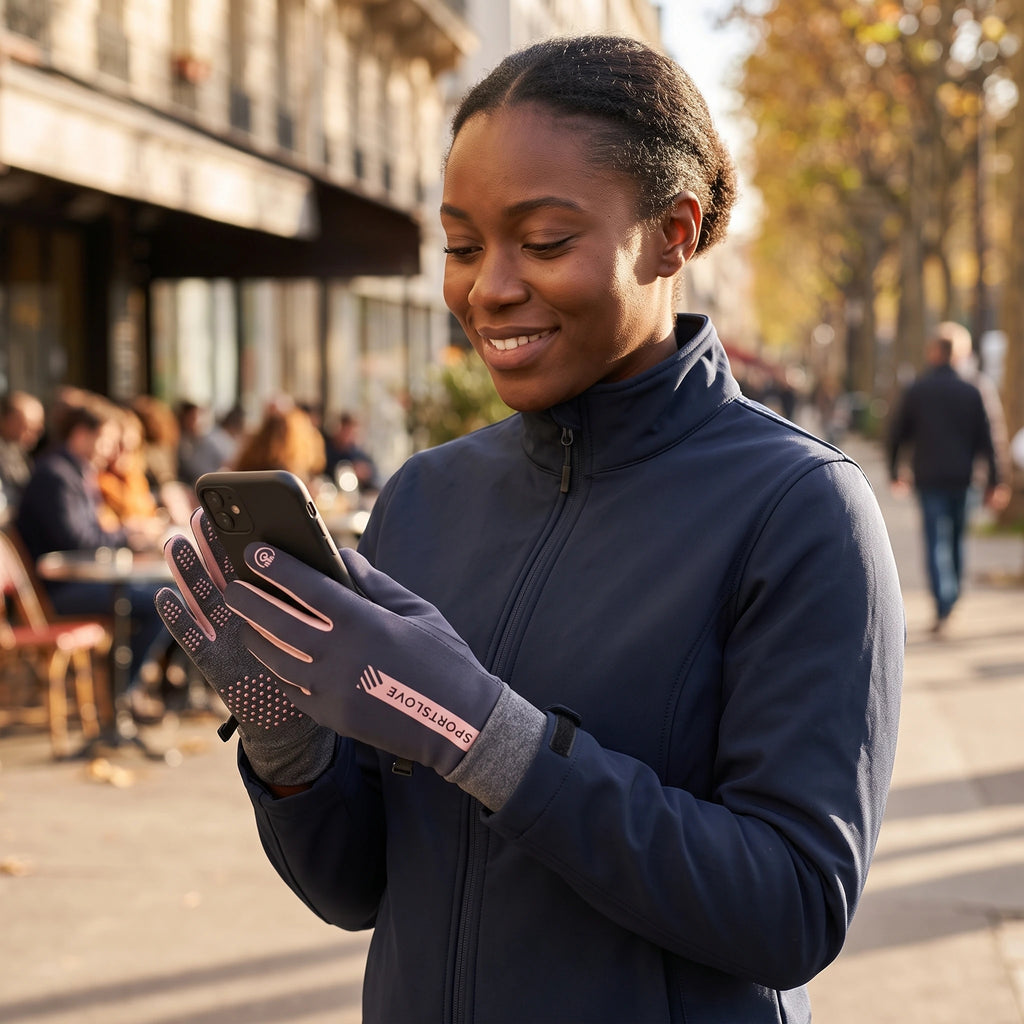 Femme souriante qui consulte son téléphone en ville sans retirer ses gants chauffants tactiles