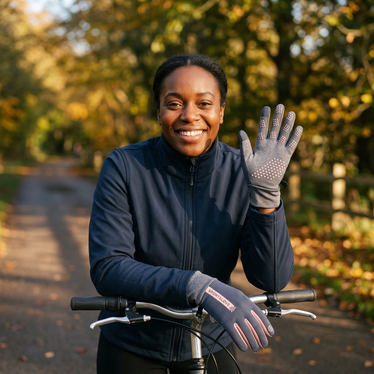 Cycliste souriante qui salue, gants chauffants gris et rose, appuyée sur le guidon de son vélo