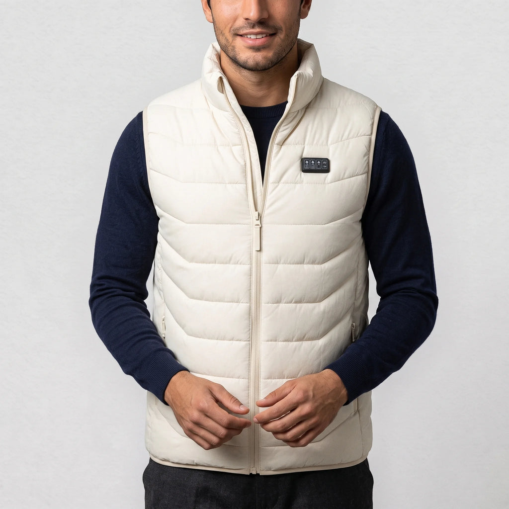 Gilet chauffant blanc cassé porté par un homme en pull marine