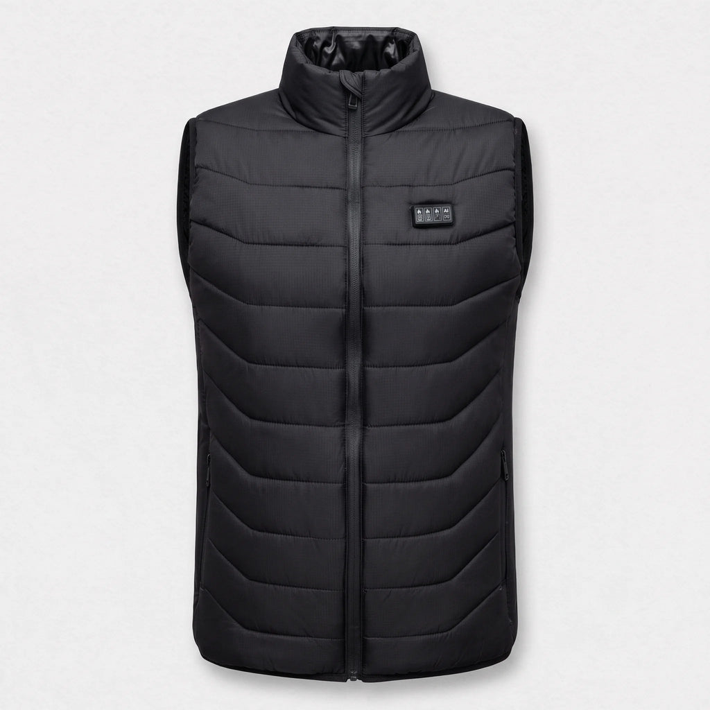 Gilet chauffant noir vu de face : col montant, matelassage, boîtier à 4 boutons