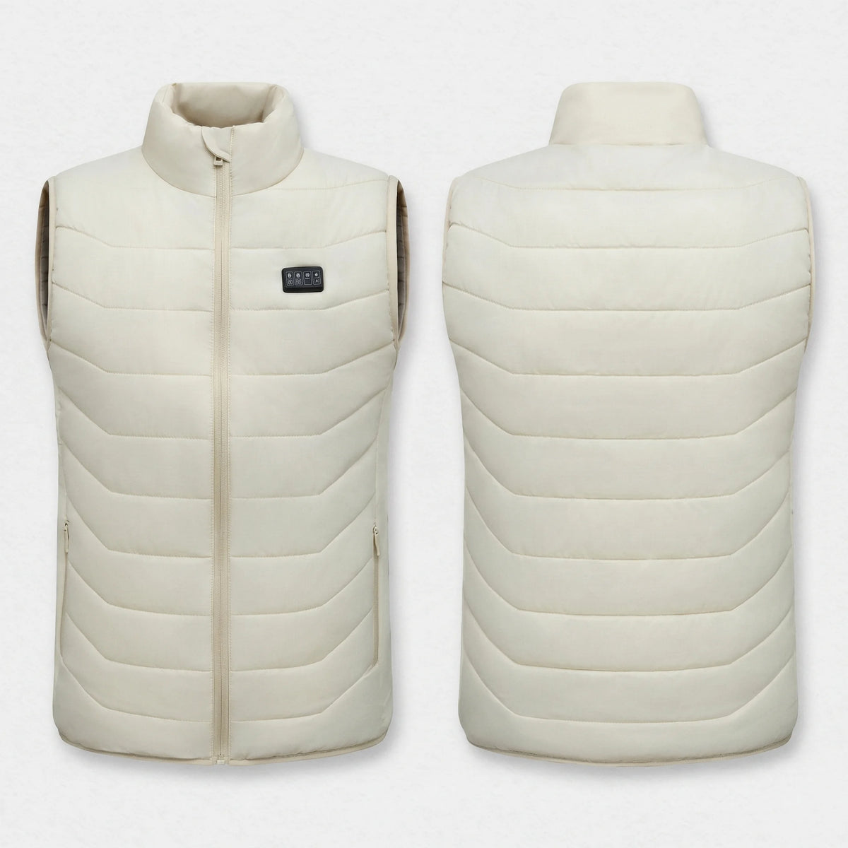 Gilet chauffant blanc cassé vu de face et de dos