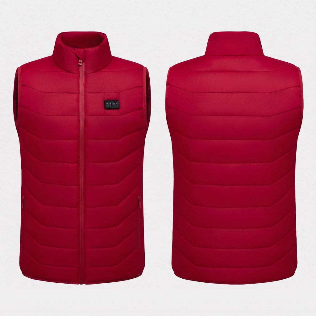 Gilet chauffant rouge vu de face et de dos