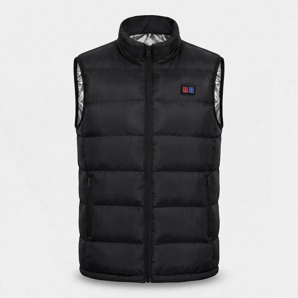 Gilet chauffant noir vu de face : col montant, doublure argentée, boîtier à 2 boutons