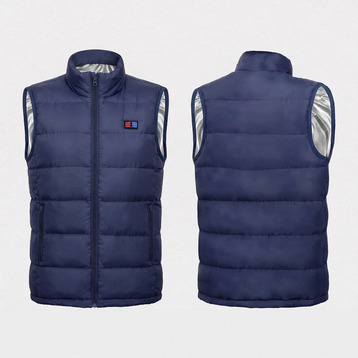 Gilet chauffant bleu marine vu de face et de dos