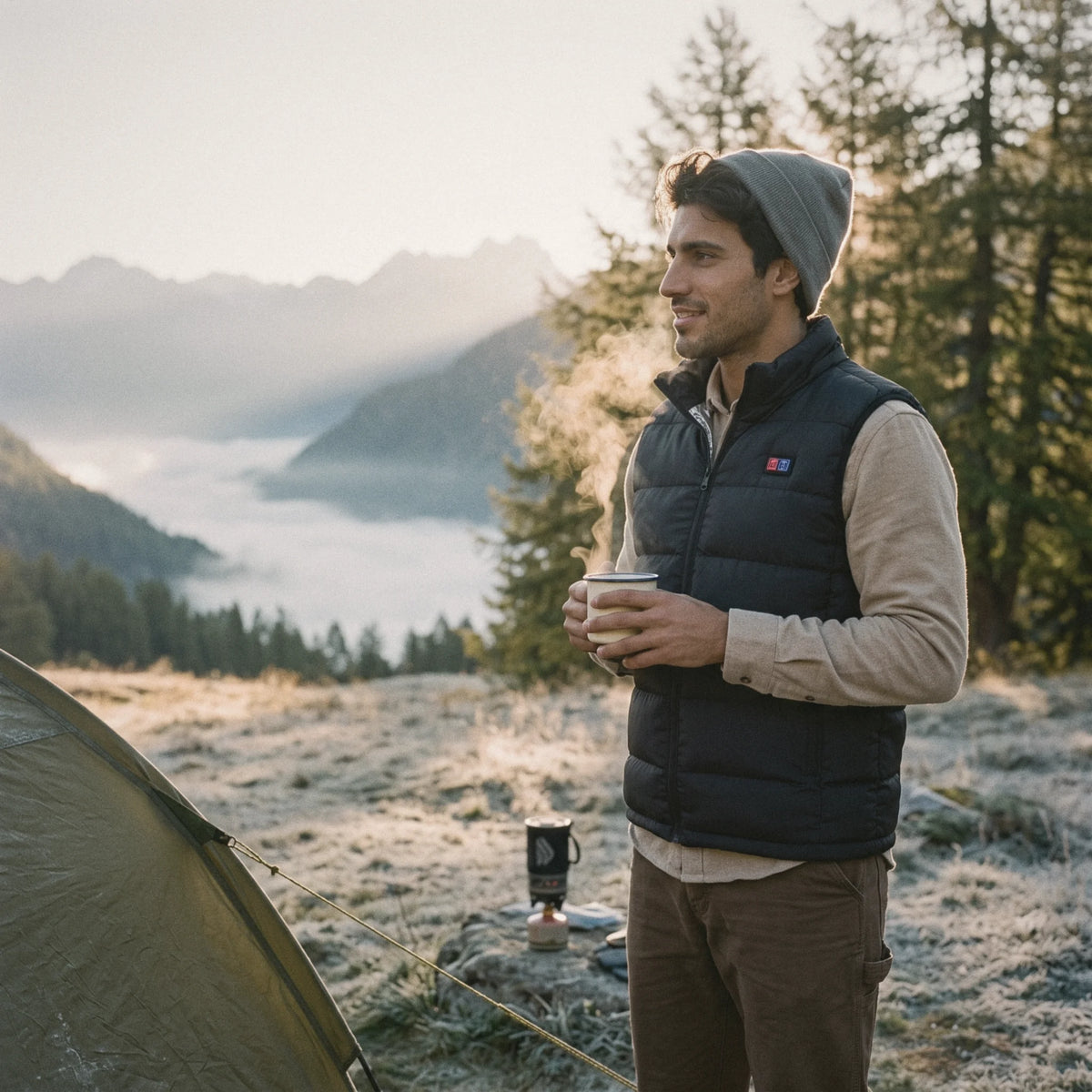 Homme en gilet chauffant noir, tasse fumante à la main, au camping en montagne