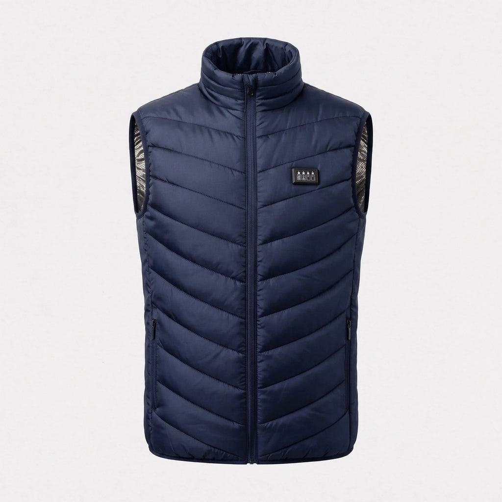 Gilet chauffant bleu marine vu de face : matelassage en chevrons, boîtier de commande sur la poitrine