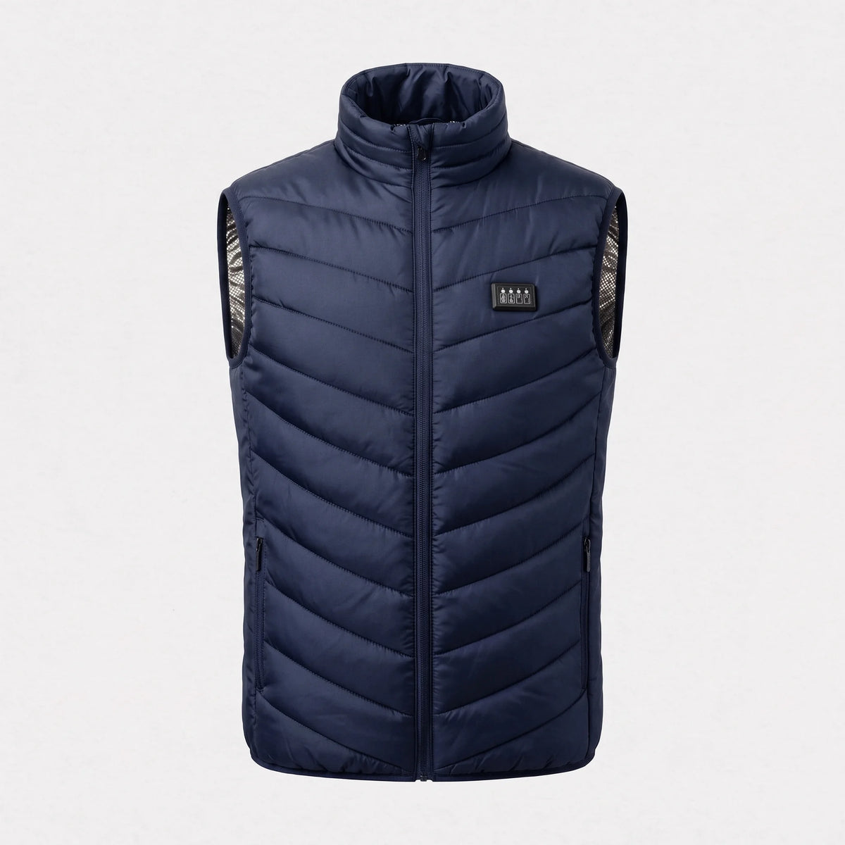 Gilet chauffant bleu marine vu de face : matelassage en chevrons, boîtier de commande sur la poitrine