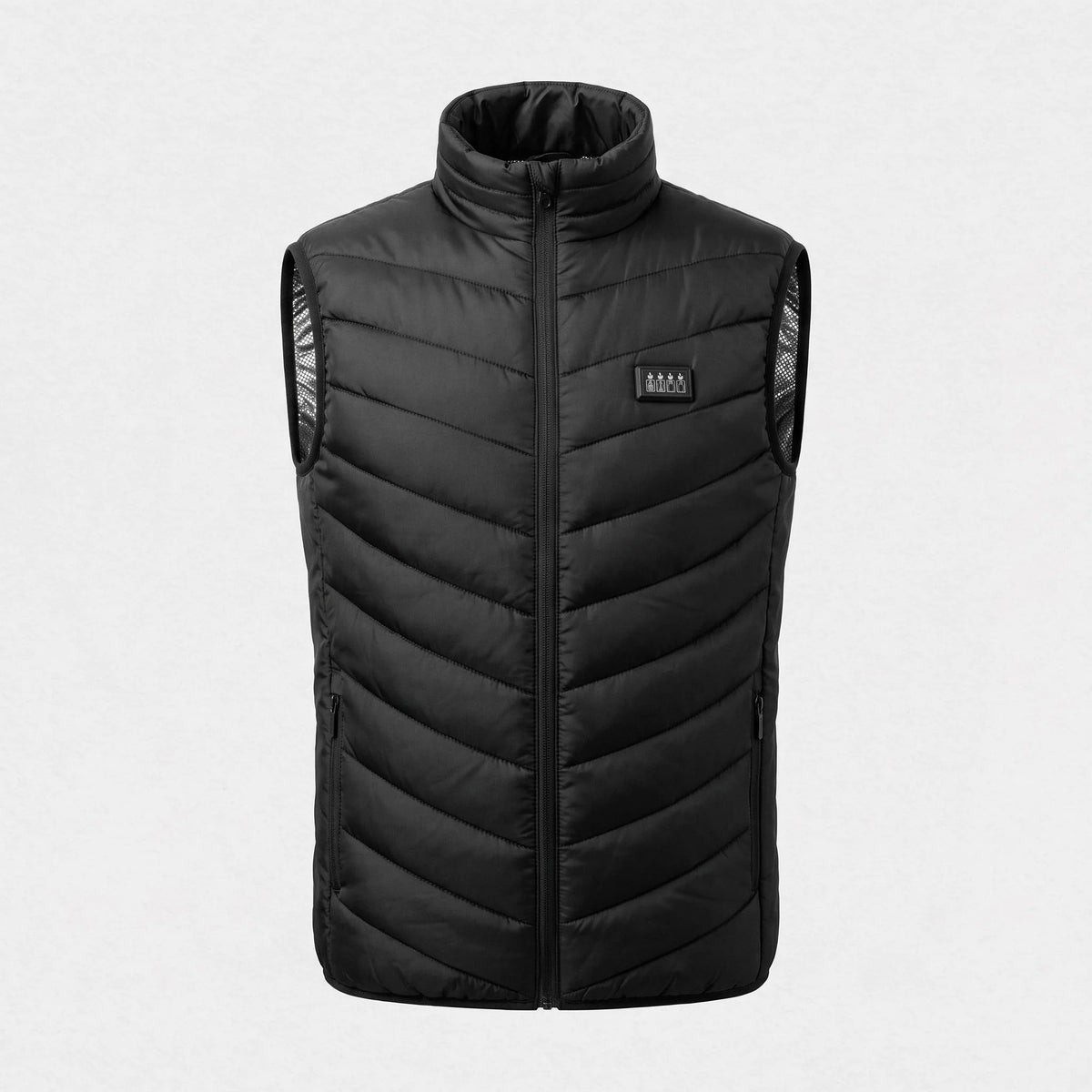 Gilet chauffant noir vu de face : col montant, matelassage en chevrons, boîtier à 4 boutons