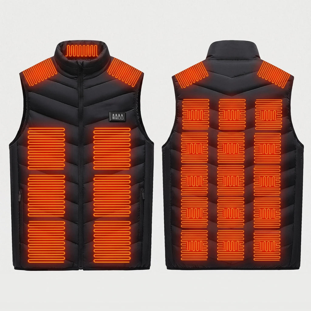 Zones chauffantes du gilet : col, épaules, ventre et dos, réglables en 4 groupes