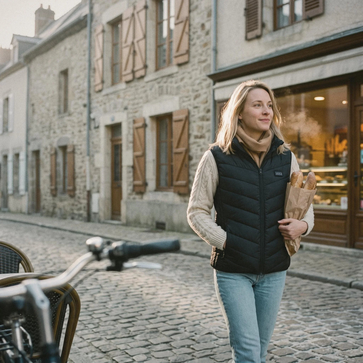 Femme en gilet chauffant noir, du pain sous le bras, dans une rue pavée en hiver