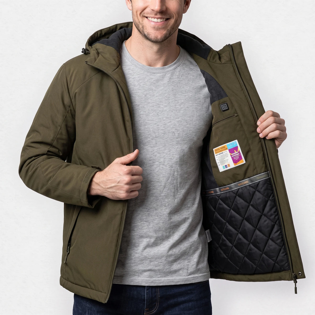 Veste chauffante homme vert olive ouverte sur sa doublure matelassée et son bouton de chauffe intérieur