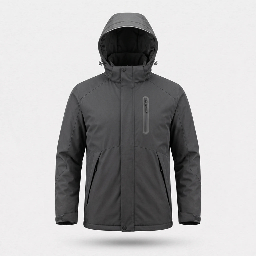 Veste chauffante homme anthracite vue de face : capuche réglable, poche de poitrine zippée, deux poches basses