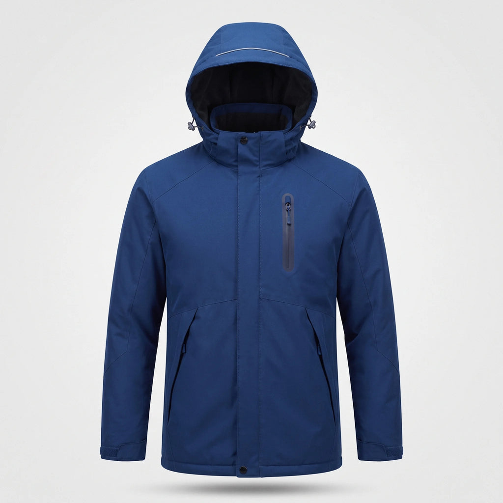 Veste chauffante homme bleu roi vue de face : capuche réglable, poche de poitrine zippée, deux poches basses