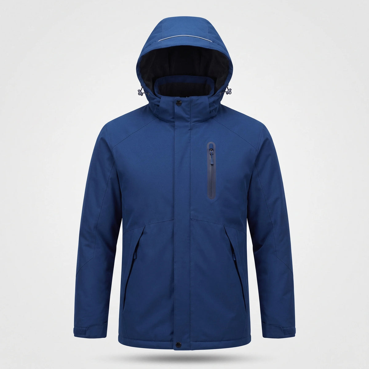 Veste chauffante homme bleu roi vue de face : capuche réglable, poche de poitrine zippée, deux poches basses