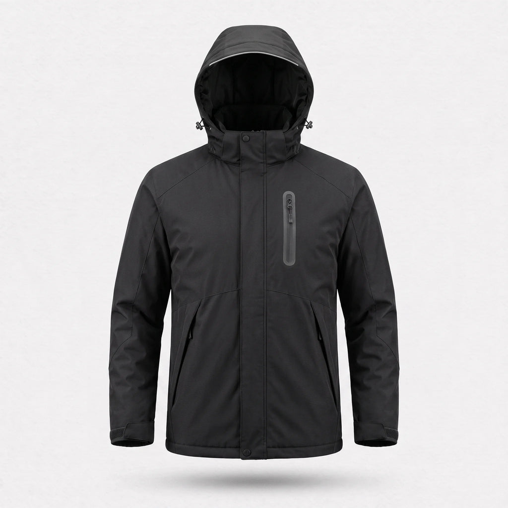 Veste chauffante homme noire vue de face : capuche réglable, poche de poitrine zippée, deux poches basses