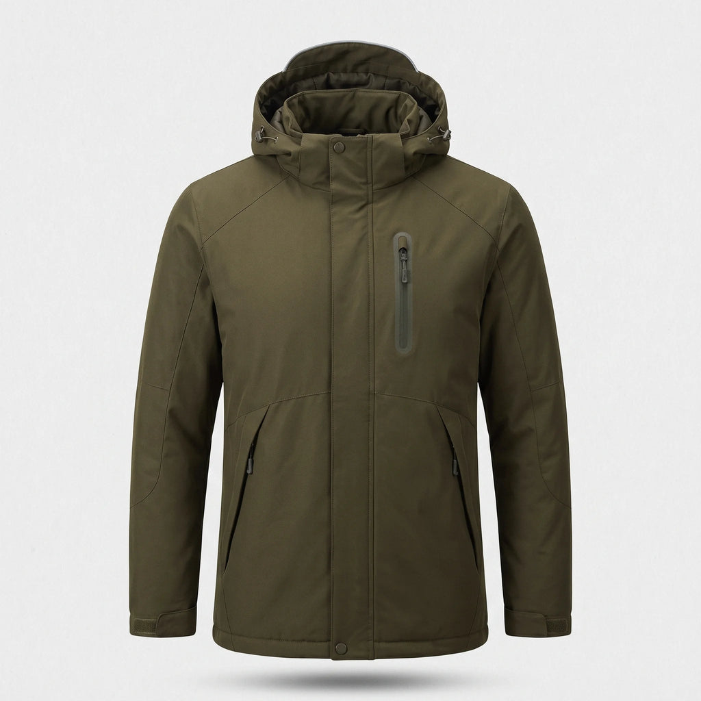 Veste chauffante homme vert olive vue de face : capuche réglable, poche de poitrine zippée, deux poches basses