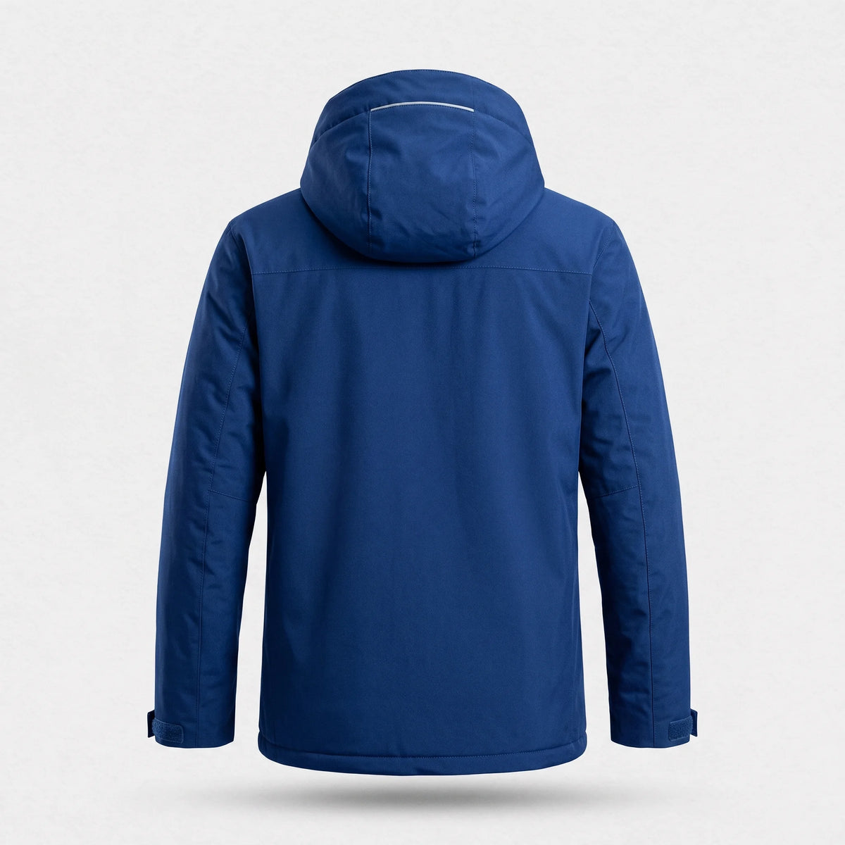 Dos de la veste chauffante homme bleu roi, ligne réfléchissante au dos de la capuche