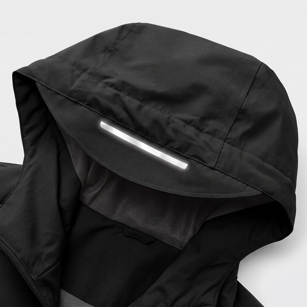 Capuche de la veste chauffante avec bande réfléchissante sous le bord de la visière