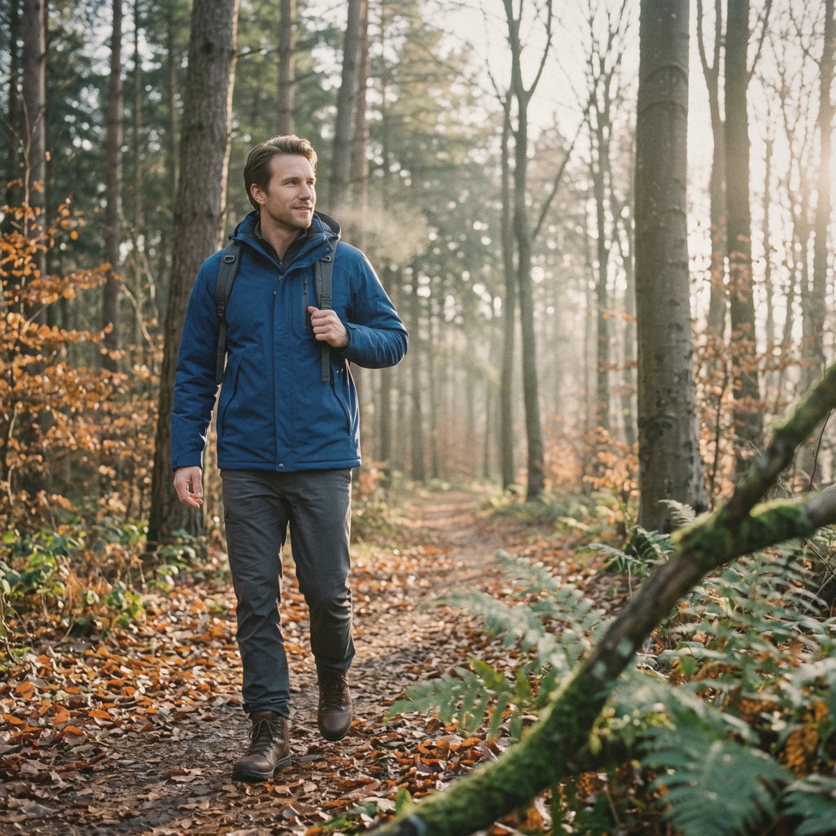 Homme en veste chauffante bleu roi sur un sentier en forêt un matin d'automne