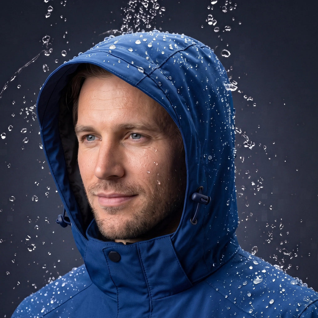 Homme sous les gouttes d'eau, capuche relevée : l'eau perle sur le tissu déperlant de la veste bleu roi