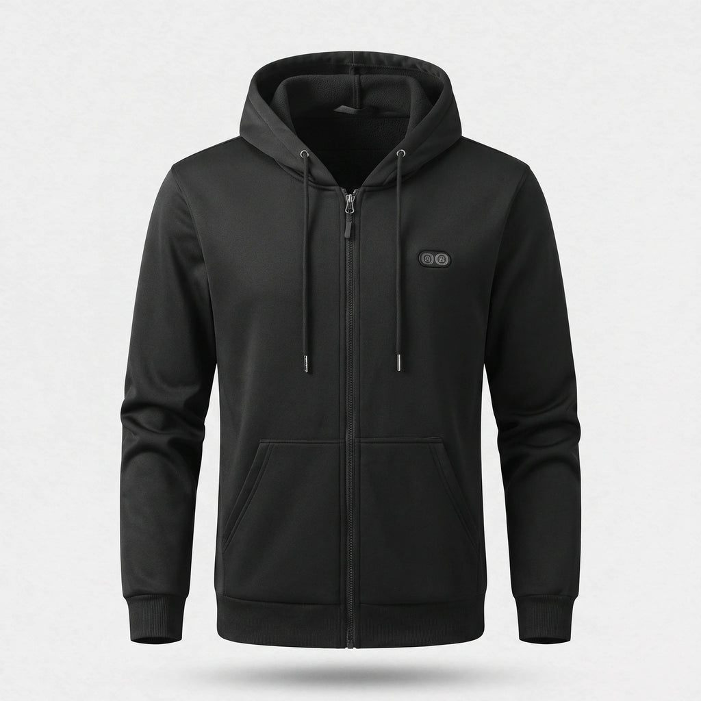 Sweat chauffant zippé noir vu de face : capuche à cordons, poches kangourou, boîtier ovale sur la poitrine