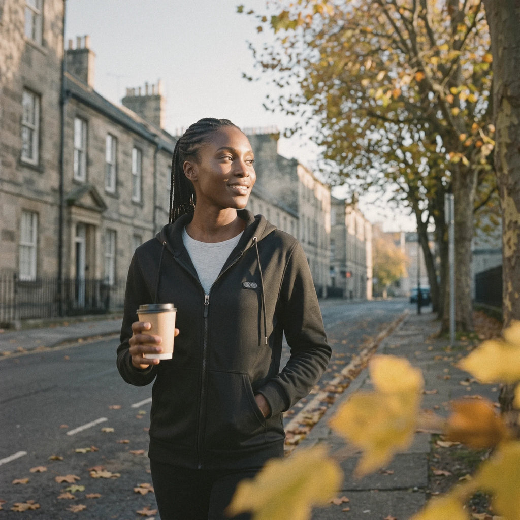 Femme en sweat chauffant noir, un café à la main, dans une rue en automne