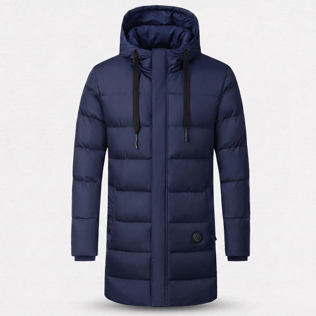 Parka chauffante longue bleu marine vue de face : capuche à cordons, matelassage horizontal