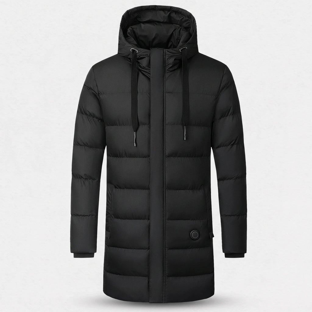 Parka chauffante longue noire vue de face : capuche à cordons, matelassage horizontal, bouton rond à la hanche