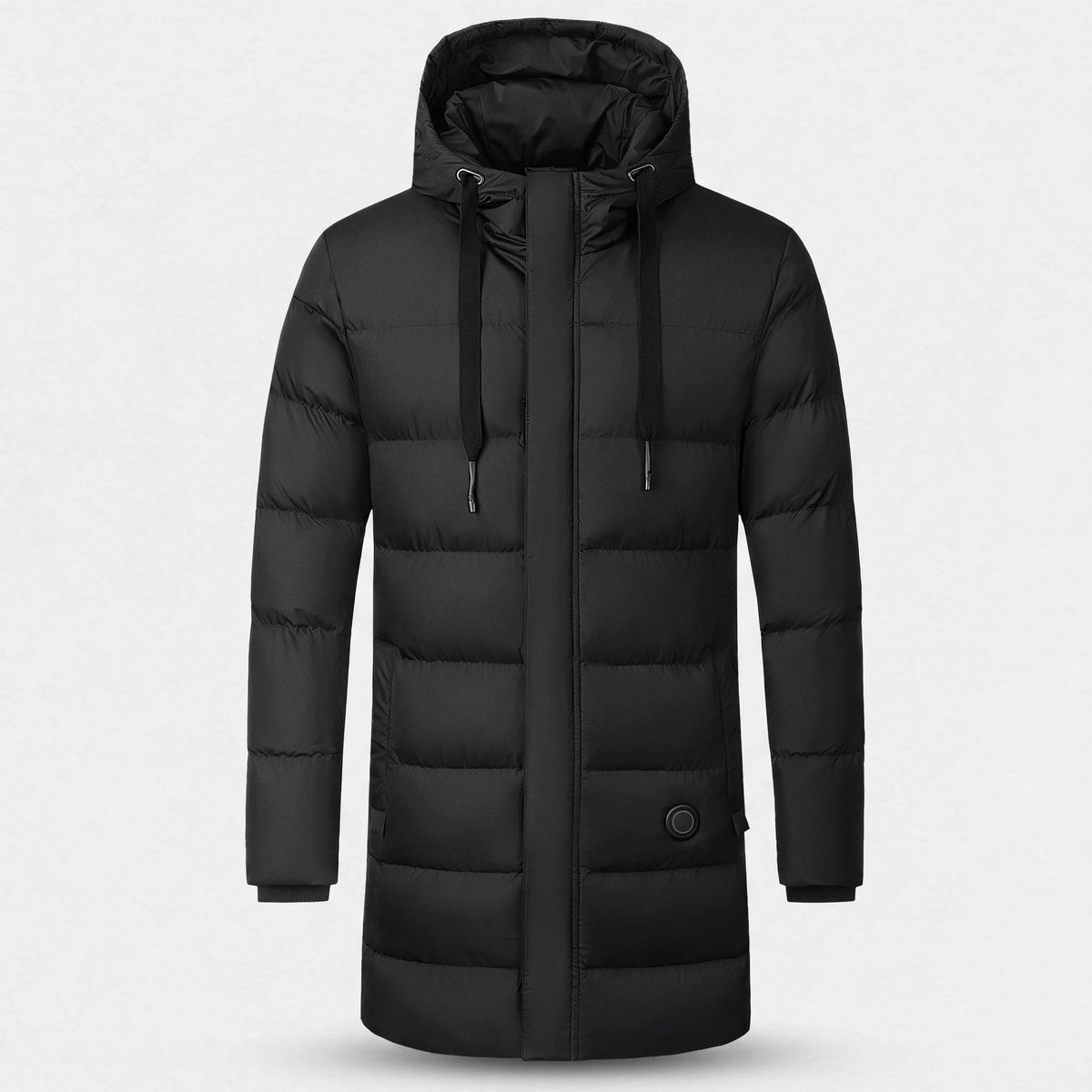 Parka chauffante longue noire vue de face : capuche à cordons, matelassage horizontal, bouton rond à la hanche